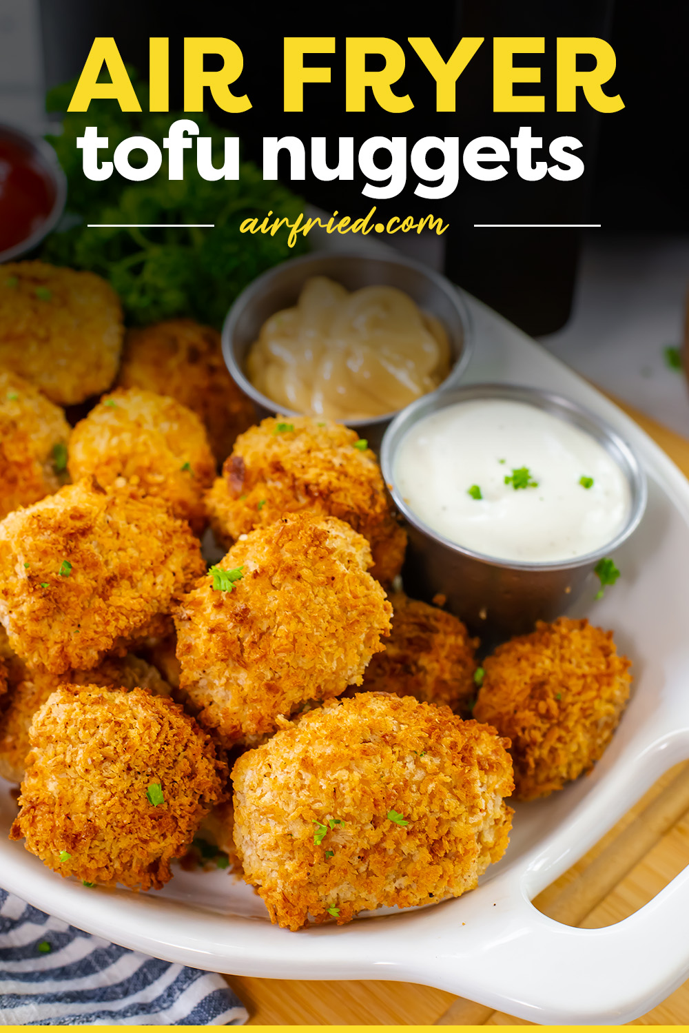 You can make wonderful tofu nuggets with a crispy breading in your air fryer!  Great options for a snack or a main dish!