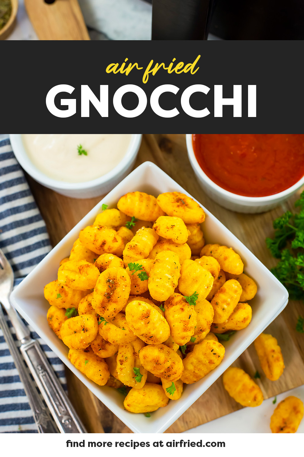 Air fryer gnocchi has a crisp skin and a wonderful fluffy center.  Add some alfredo dip for amazing taste and texture combined!
