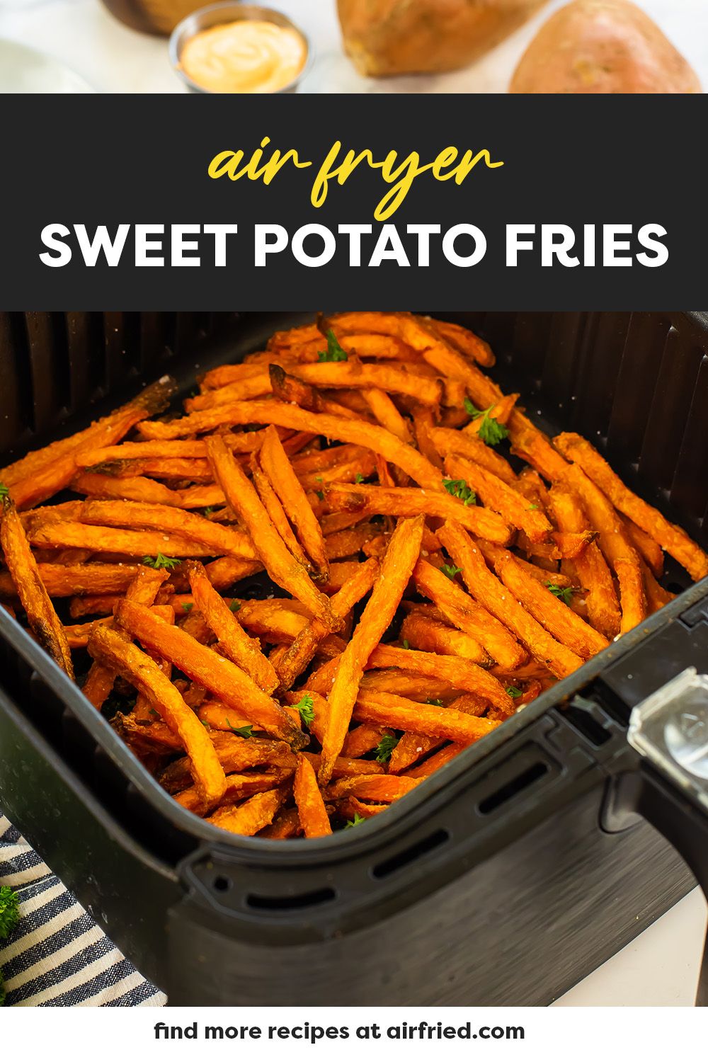 We took frozen sweet potato fries and cooked them to a crispy perfection in our air fryer with this recipe!