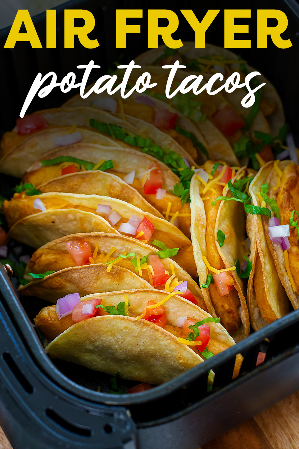 These fried potato tacos are cooked to a fantastic crisp finish in your air fryer.  This is a great vegetarian taco!