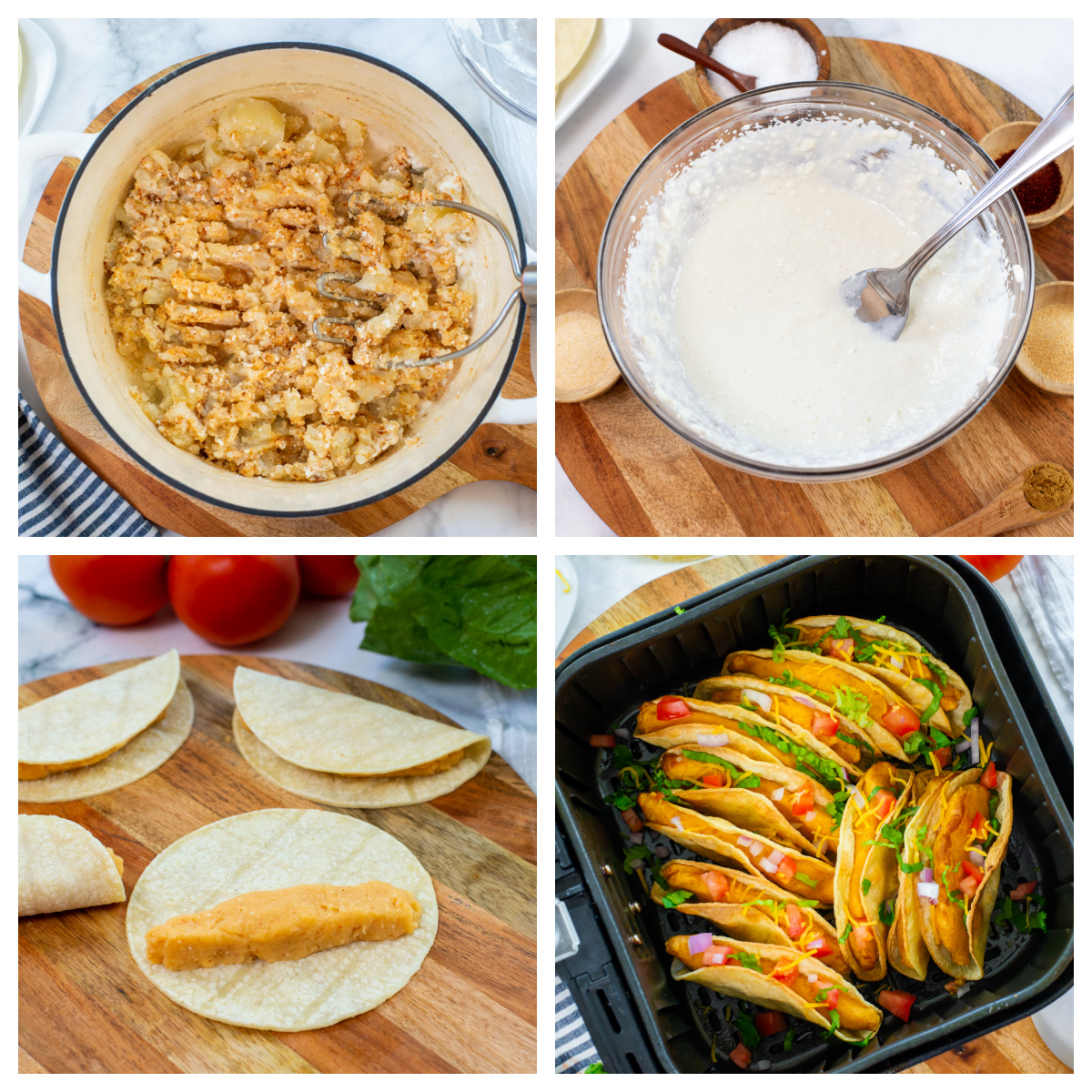 Collage of the steps to cook potato tacos.