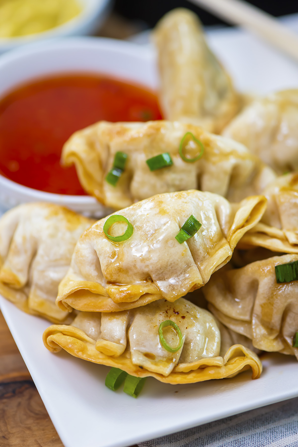 Close up of a cooked pot sticker.