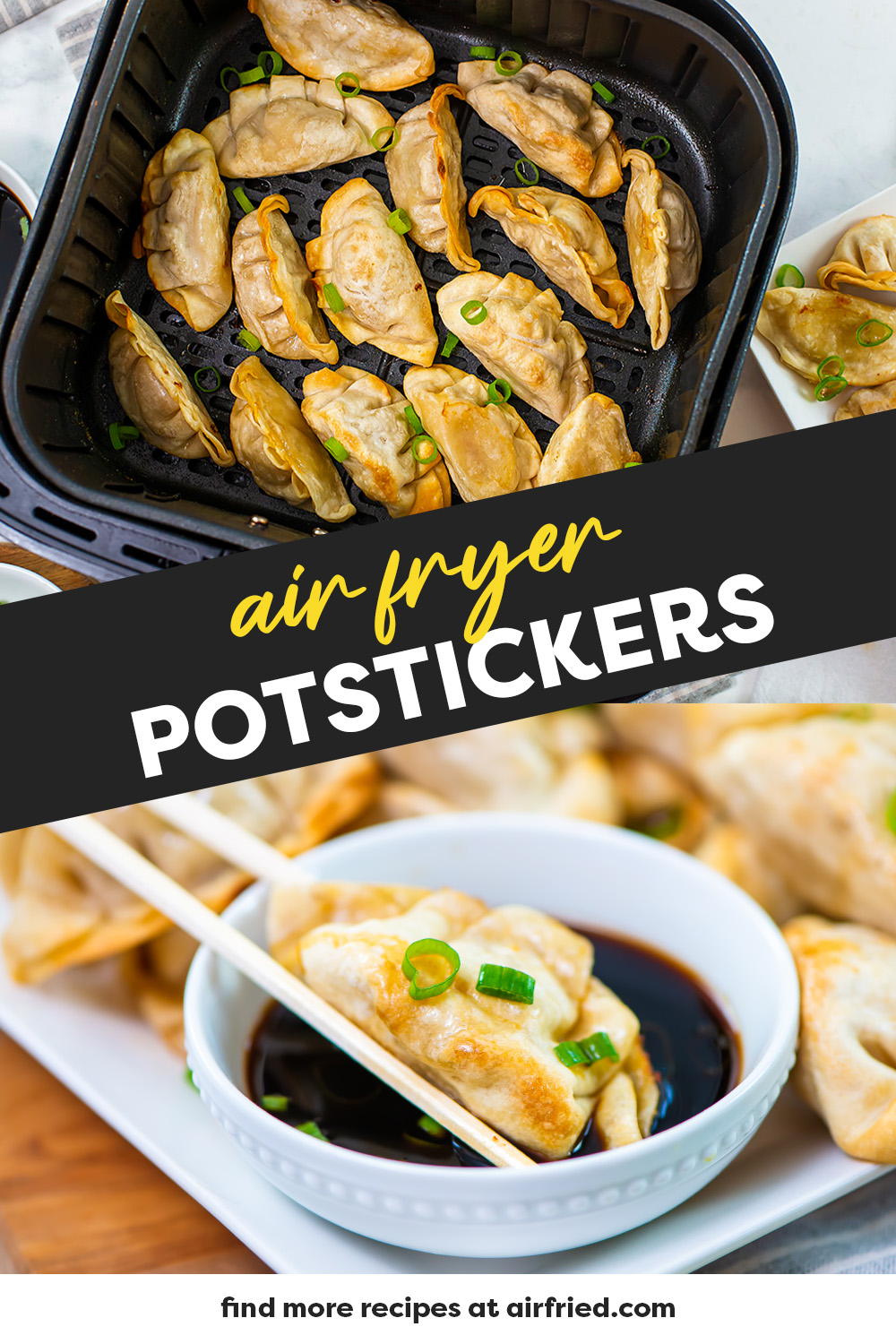 These air fryer frozen potstickers are a quick way to get an Asian favorite on the table. Use your favorite frozen potstickers in this recipe and serve with a variety of dipping sauces for an easy side dish, appetizer, or snack!