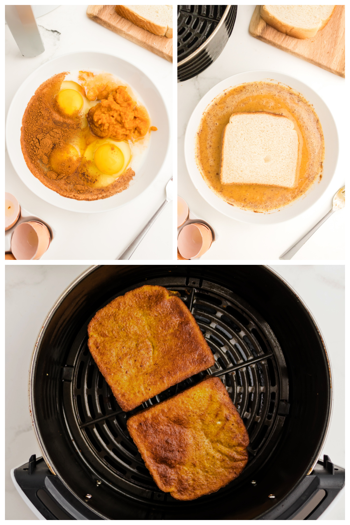 Collage of the steps of cooking pumpkin French toast.