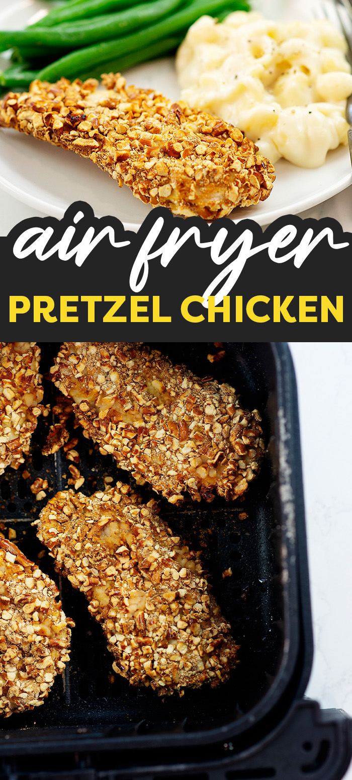 This beautiful air fried pretzel crusted chicken is a unique dining experience!  You get juicy, tender chicken surrounded by a crunchy, salty crust.  This recipe is simply wonderful!