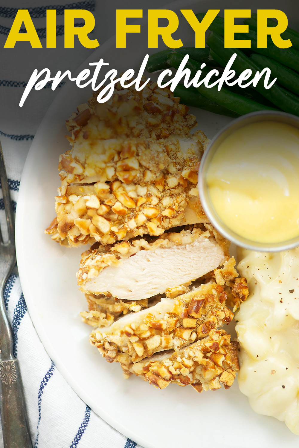 You're going to love our Air Fryer Pretzel Crusted Chicken! This tasty, crunchy combo is seriously good and pairs wonderfully with your favorite honey mustard to dip your chicken.