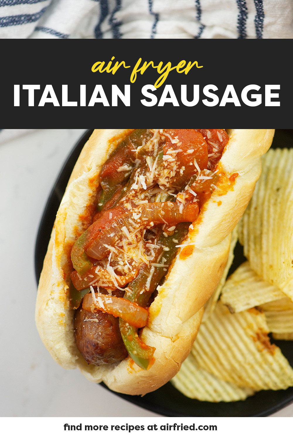 We use our air fryer to cook up this yummy Italian sausage. It is perfectly cooked with a consistent texture throughout and we top it with marinara for excellent flavor!