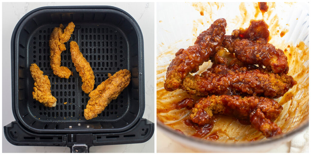 Collage of the steps of coating chicken tenders in honey BBQ.