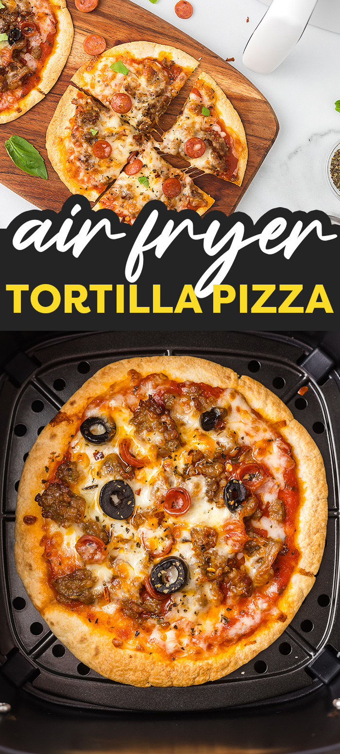 This simple pizza is made with a tortilla crust and cooked in the air fryer!  You get a wonderful thin crust and whatever toppings you want!