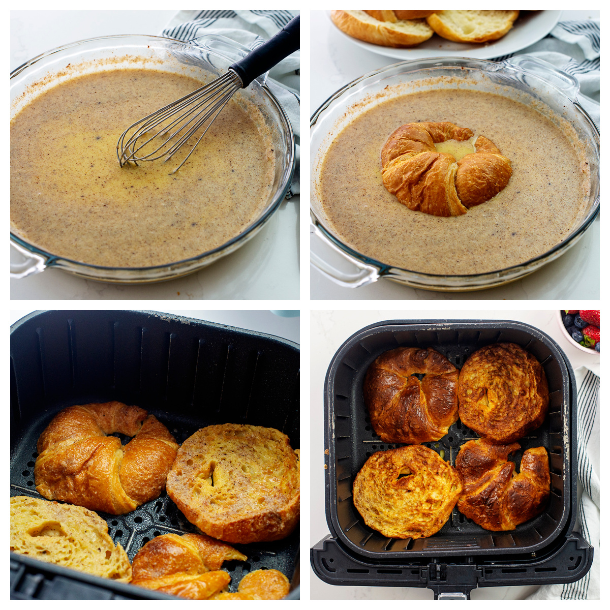 Collage of the steps of cooking croissant French toast.
