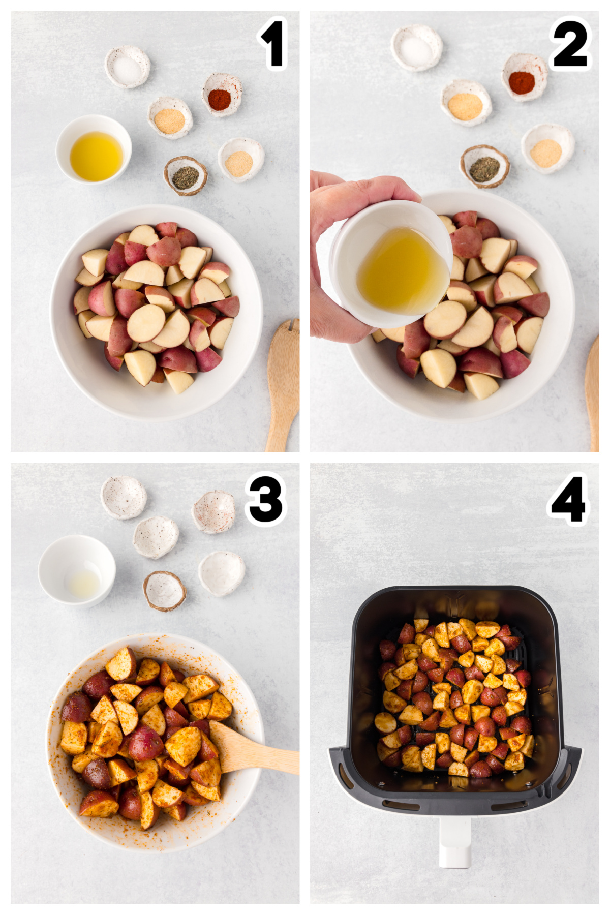 Collage of the steps to cook roasted red potatoes.