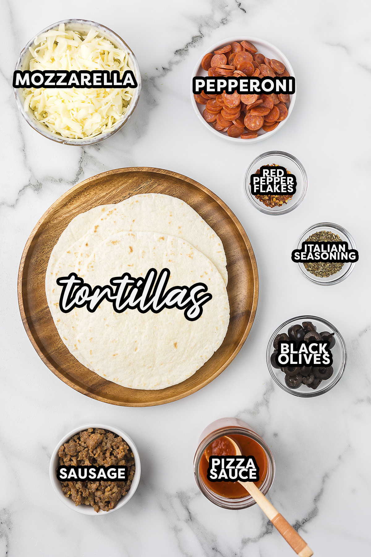 Ingredients needed for tortilla pizza.