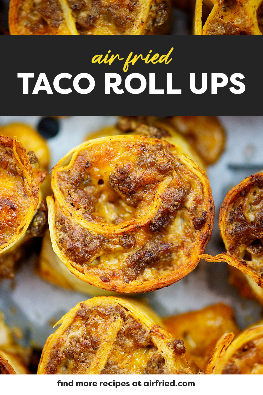These Cheesy Taco Pinwheels are made with seasoned ground beef and a creamy, cheesy filling all rolled up in a tortilla and air fried! They're a great way to use up leftover taco meat and they're perfect for party appetizers too!