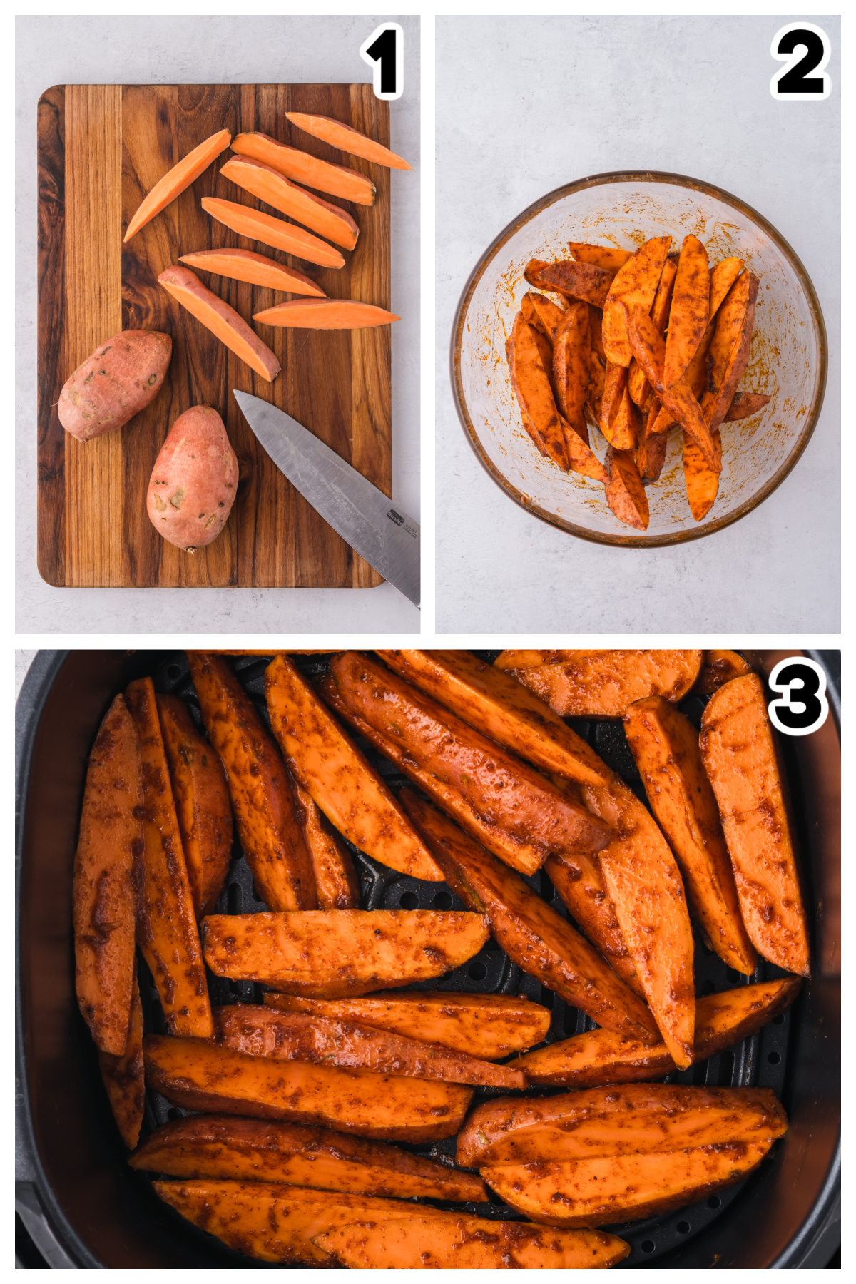Three step collage of the steps of making sweet potato wedges.