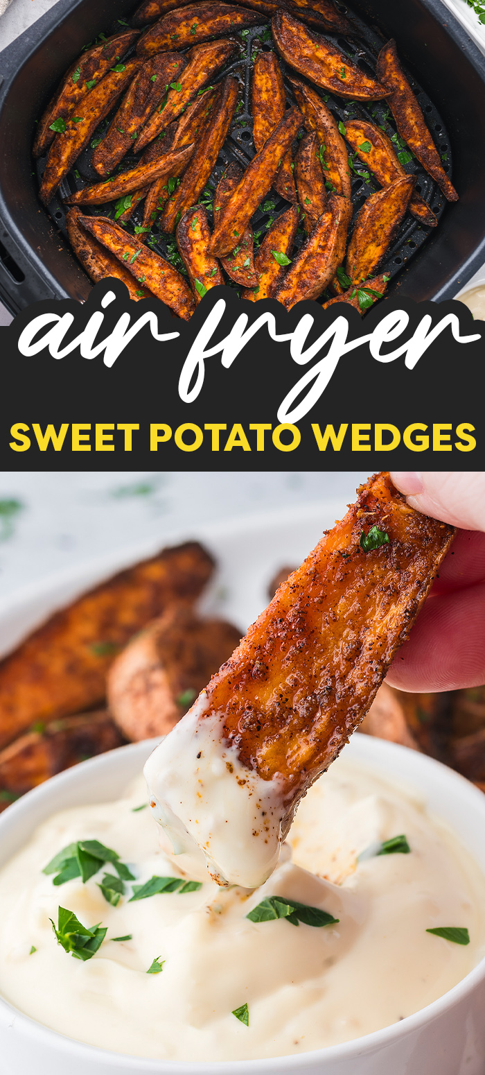 These amazing sweet potato wedges are air fried to a crisp finish while keeping the center warm and soft!