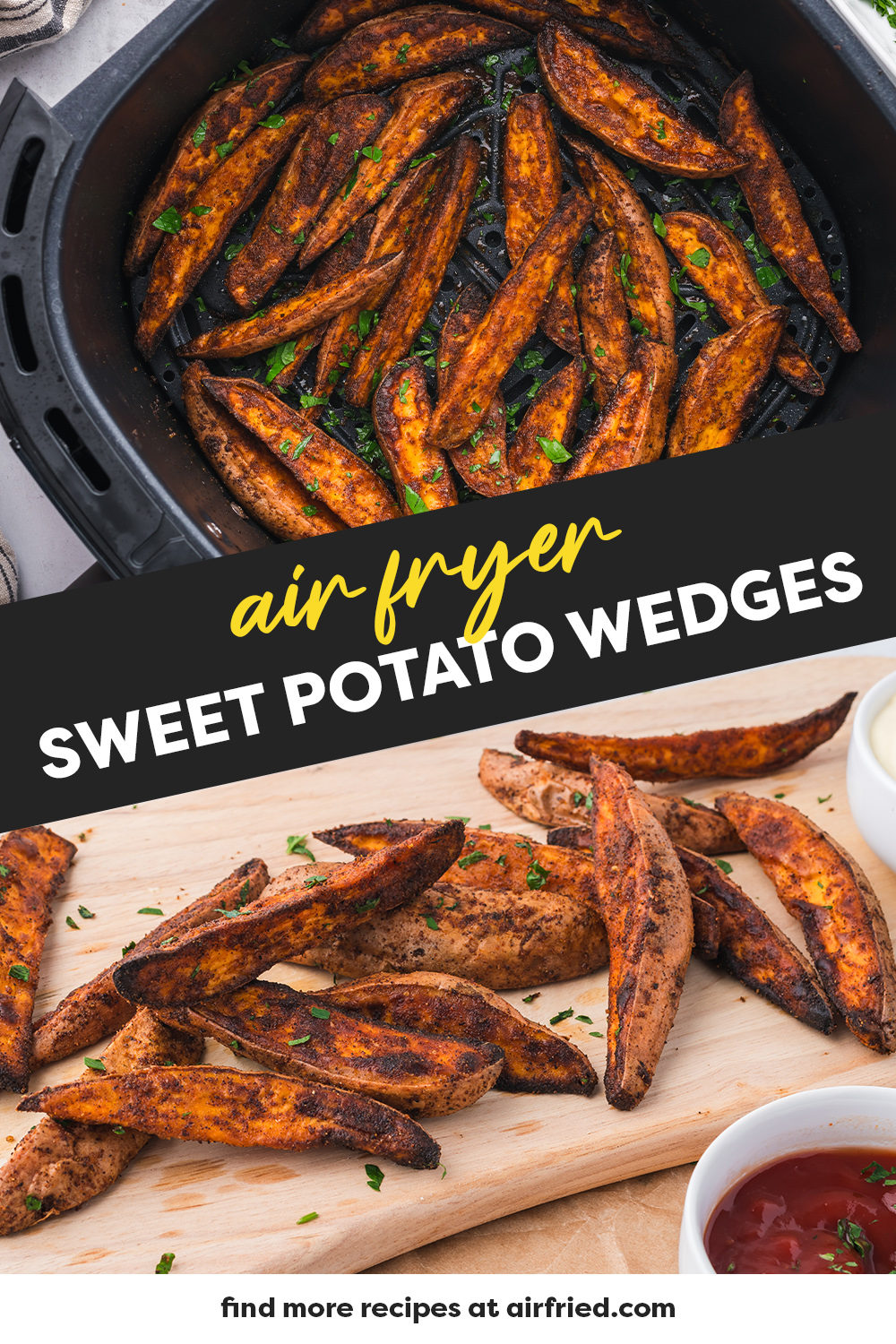 These amazing sweet potato wedges are air fried to a crisp finish while keeping the center warm and soft!