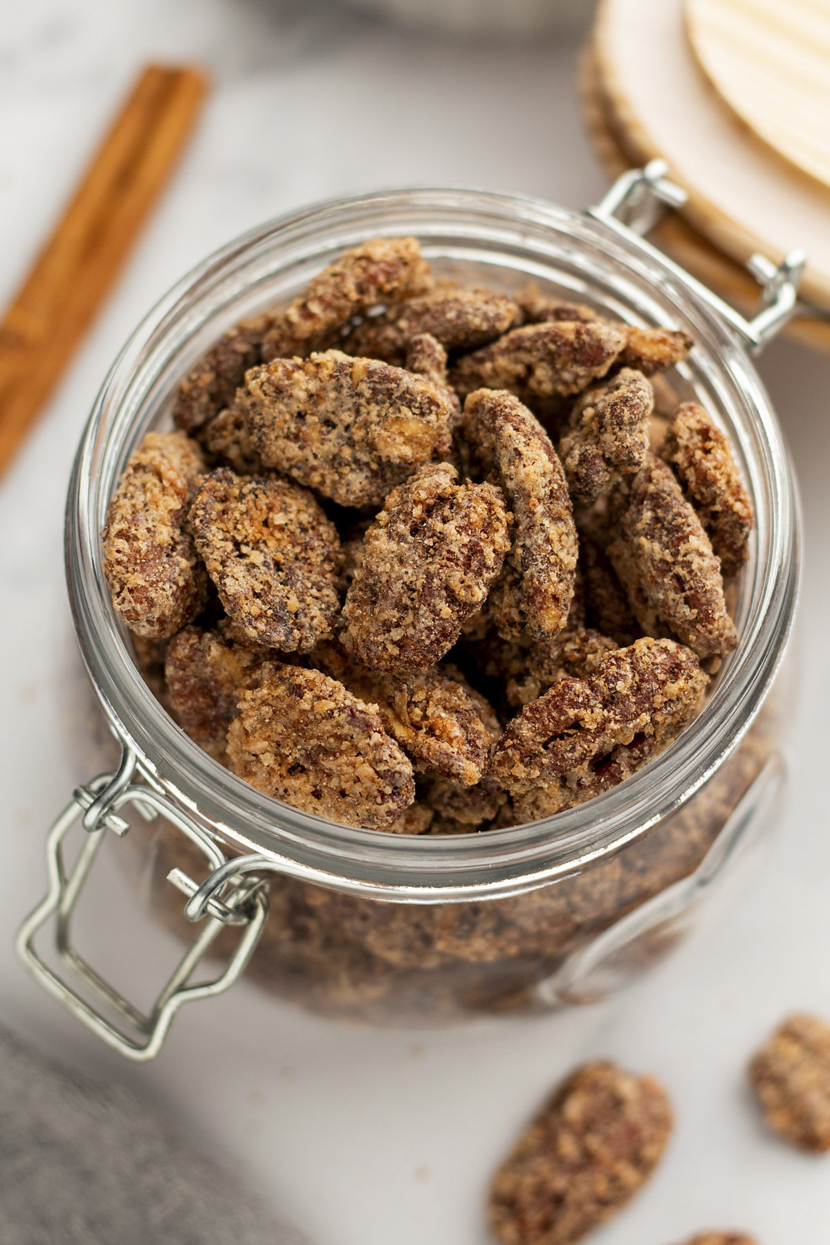 Candied pecans in a jar.