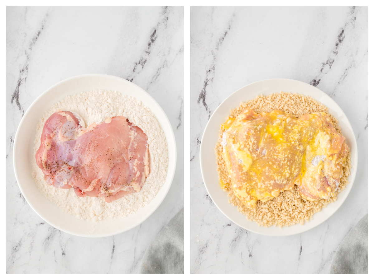Before and after of breading a chicken breast.