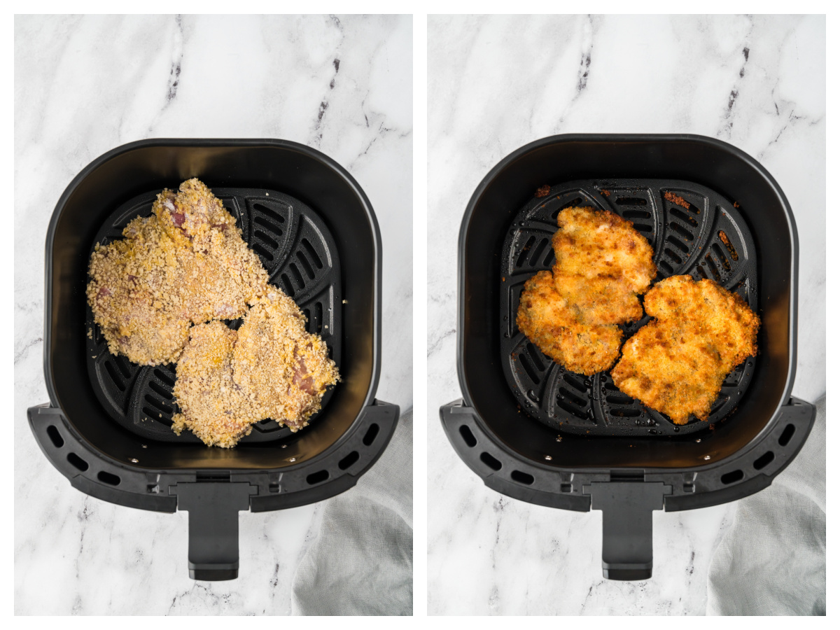 Before and after of chicken breasts cooked in an air fryer.