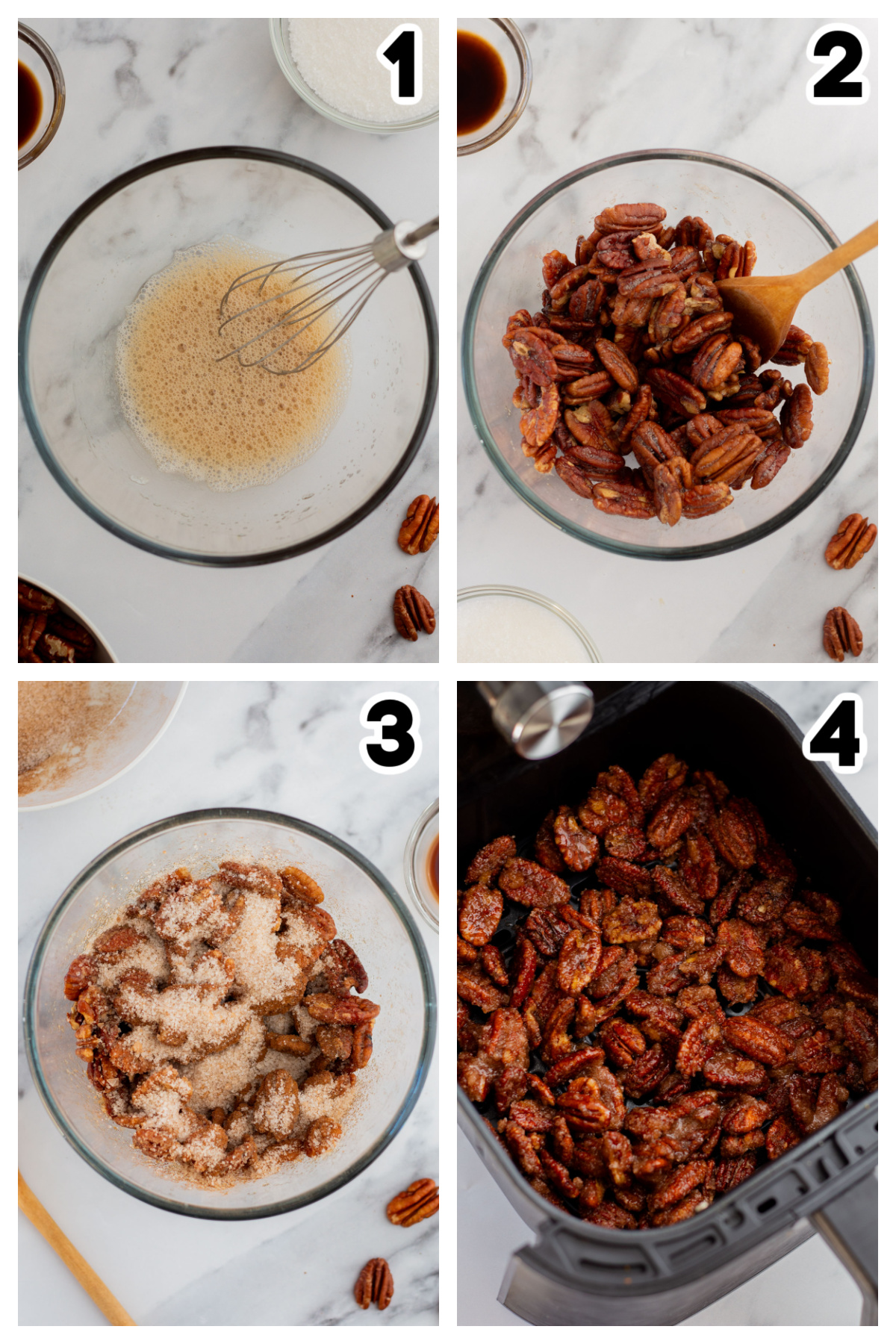 Collage of the steps of coating candied pecans.