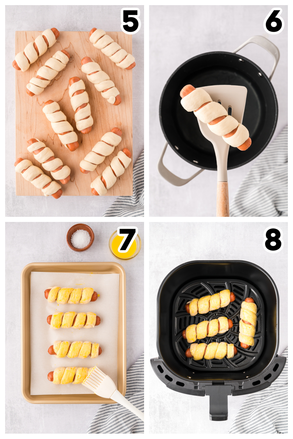 Collage of the steps of cooking pretzel dogs in an air fryer.