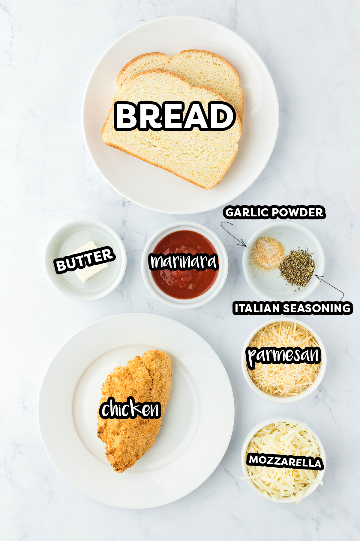 Ingredients for air fryer chicken parmesan sandwich recipe.