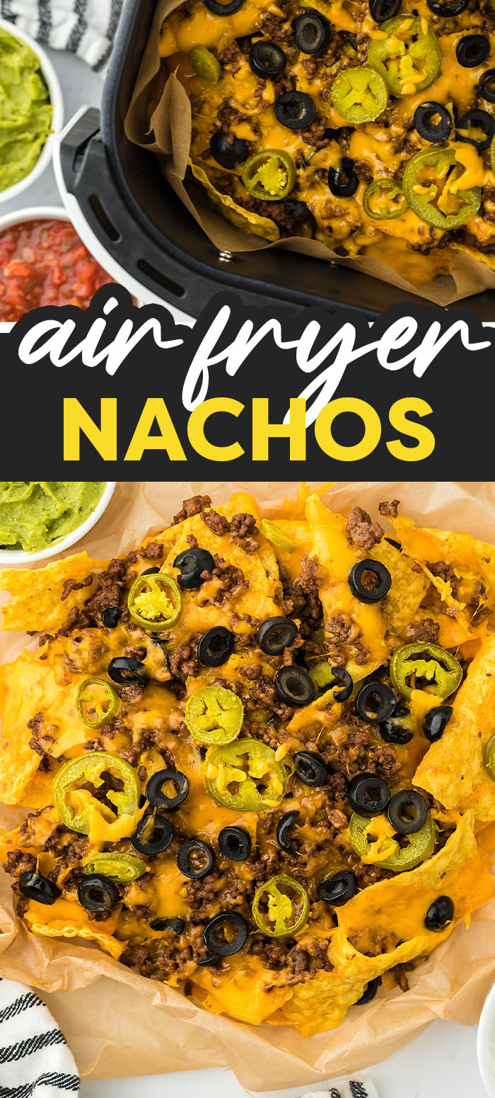 Air Fryer Nachos are made with seasoned ground beef, tortilla chips, and all the melty cheese and toppings to go with it! Enjoy these nachos while watching the big game or serve them up as a quick meal!