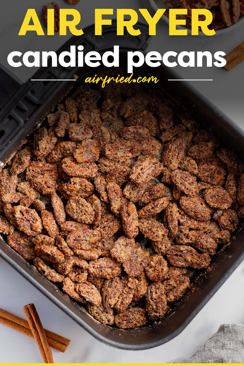 My Air Fryer Candied Pecans recipe is a classic that'll have your kitchen smelling like the holidays with roasted pecans and warm cinnamon! These candied nuts are irresistible and perfect for gifting. 