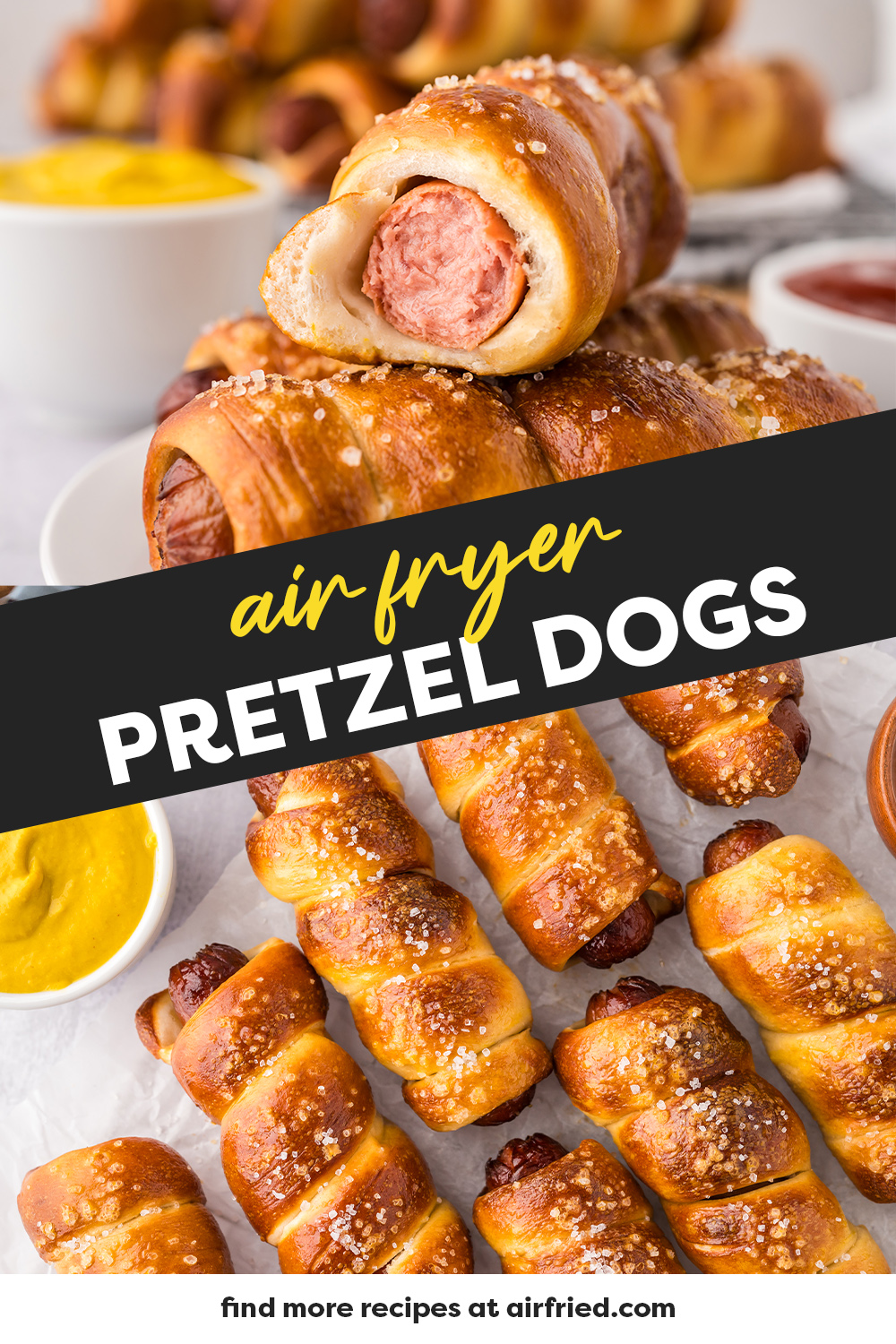 Homemade Pretzel Dogs just like the ones you'd get at the mall! Air fryer and oven instructions included! So chewy!