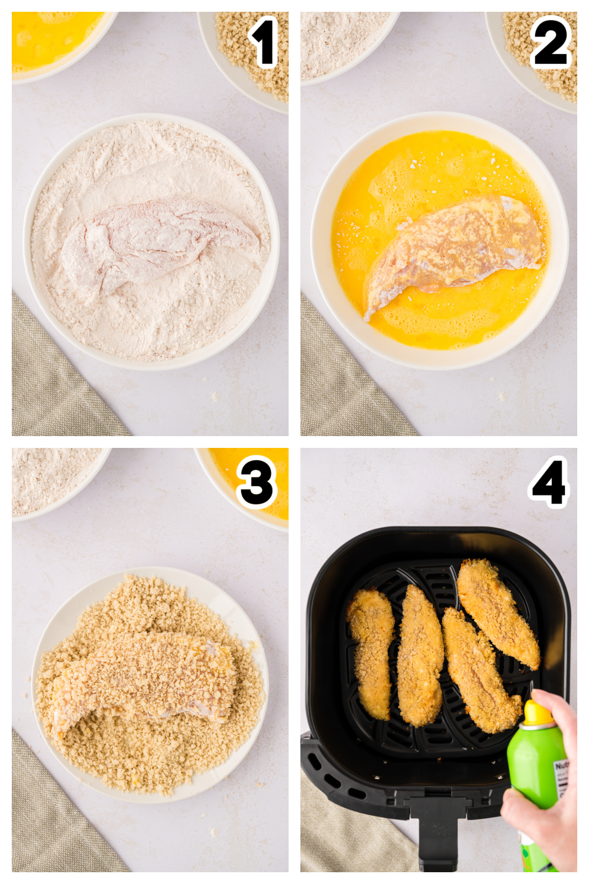 Collage of the steps of breading a chicken strip.