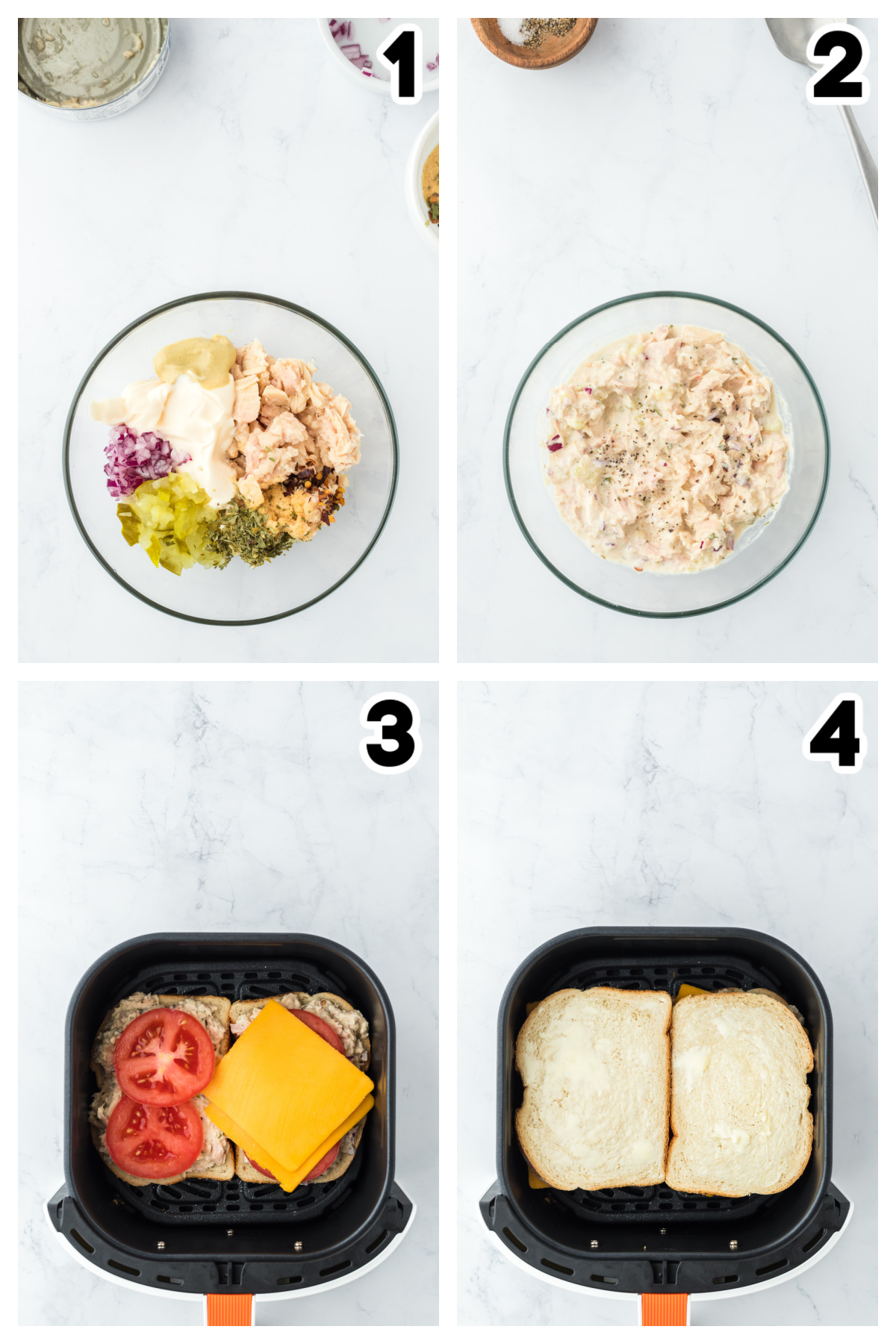 Collage showing how to make a tuna melt in an air fryer.