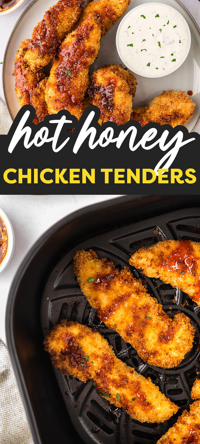 These hot honey chicken strips are made crisp in the air fryer and coated in a perfect blend of sweet and spicy!