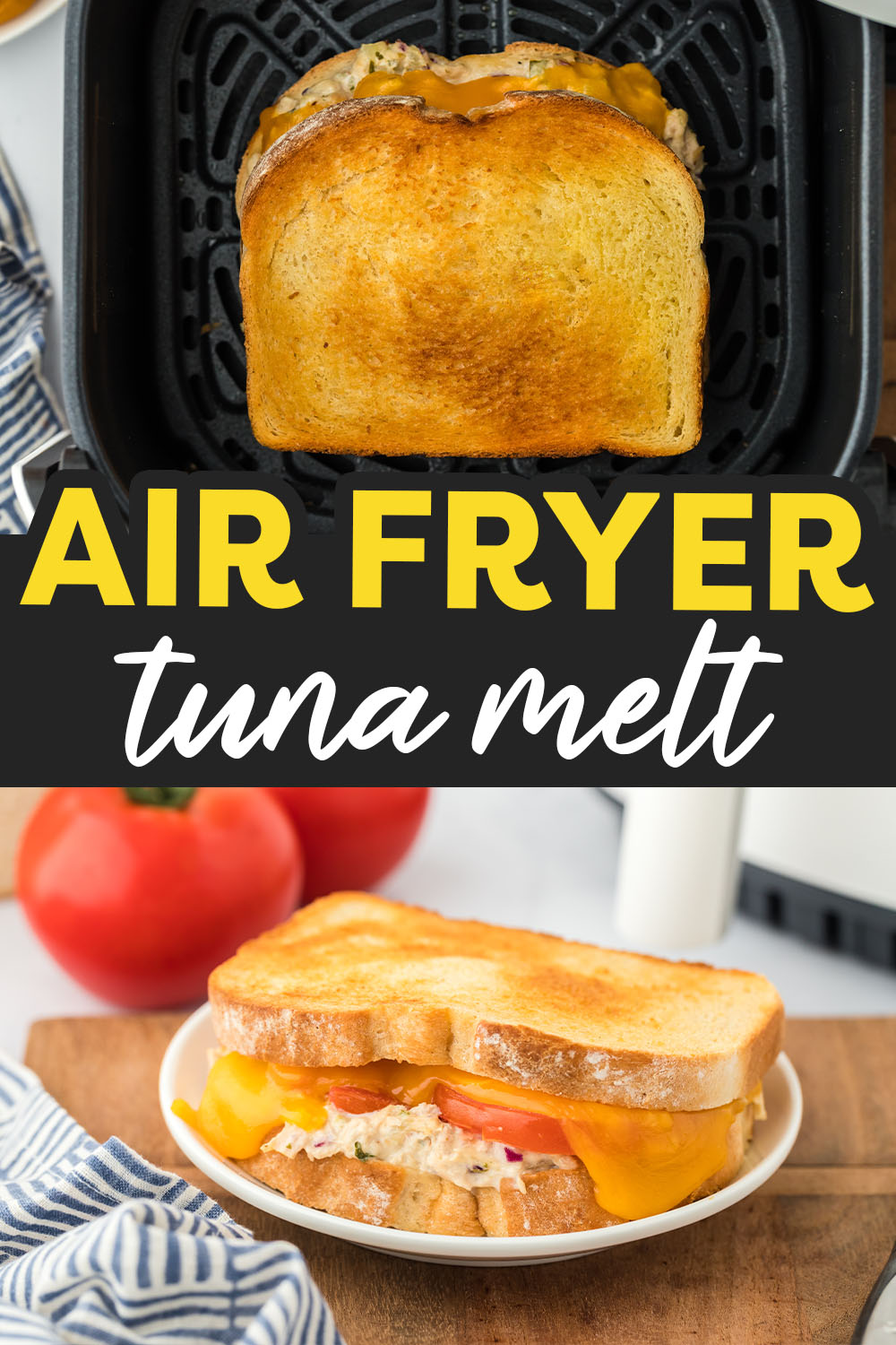 This Air Fryer Tuna Melt Recipe is made with our homemade tuna salad (so good!), your favorite bread, and lots of extra melty cheddar cheese! These tuna melts are perfect for a quick lunch in the air fryer!