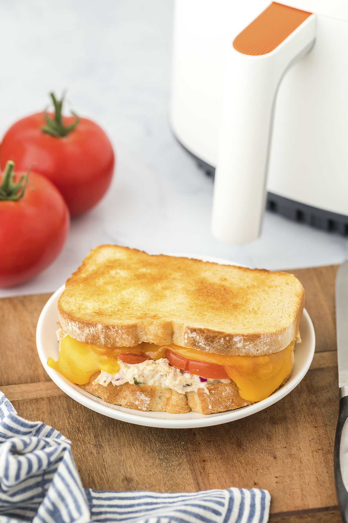 Tuna melt on white plate in front of air fryer.