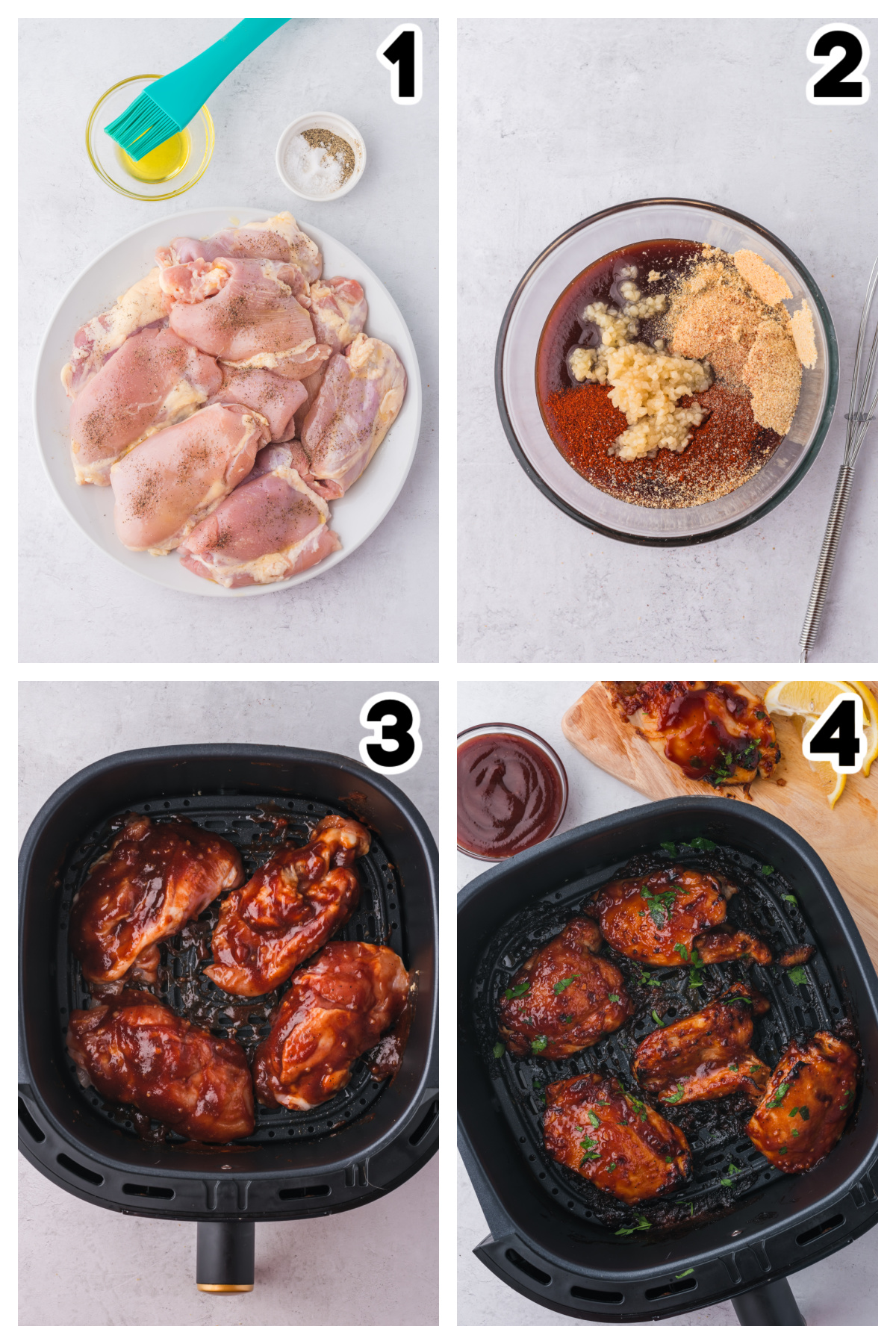 Collage of the steps to air fry BBQ chicken thighs.