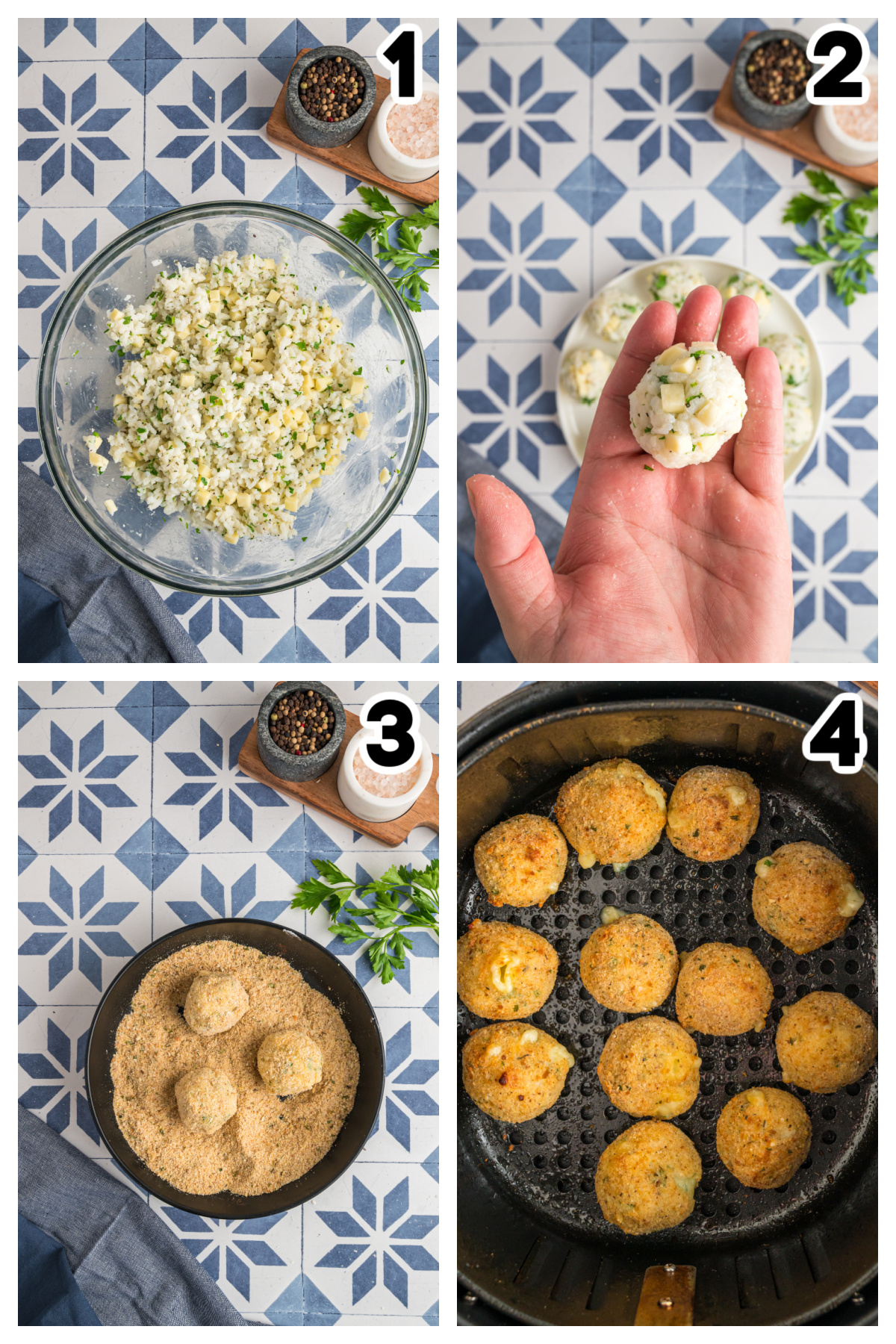 Collage of the steps of rolling and coating arancini balls.