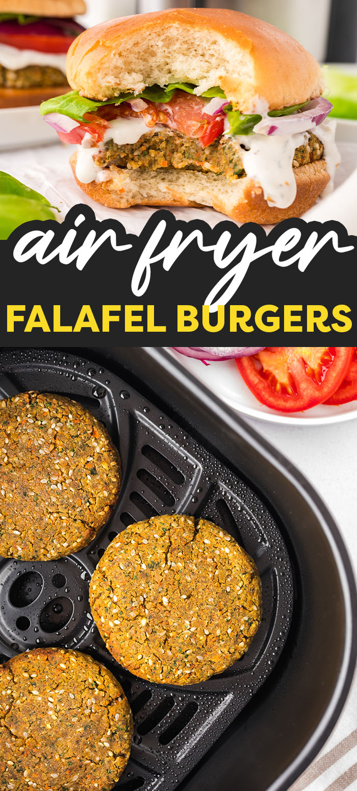 These simple, hearty Falafel Burgers are made in the air fryer for a quick, tasty, meatless meal that my family raves about it. We start with canned chickpeas to keep things simple and use the air fryer instead of the deep fryer to make these veggie burgers extra healthy and flavorful.