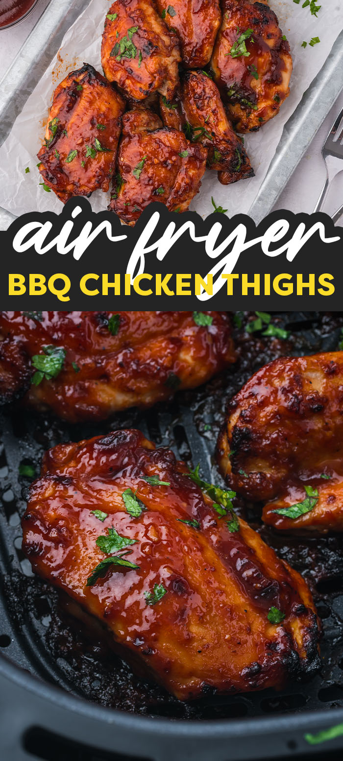 These BBQ chicken thighs are air fried to keep them juicy, flavorful, and super easy to clean up!