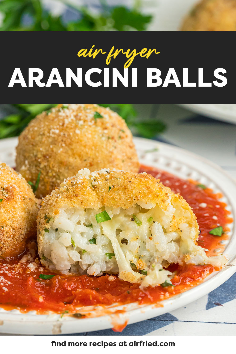 Our air fryer arancini has a ton of flavor in a crispy shell!  The rice is soft and fluffy with perfectly melted cheese in the middle!
