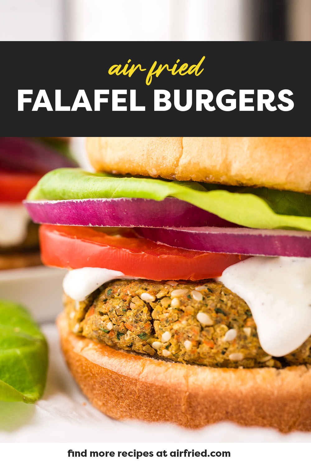 Close up image of falafel burger on bun.