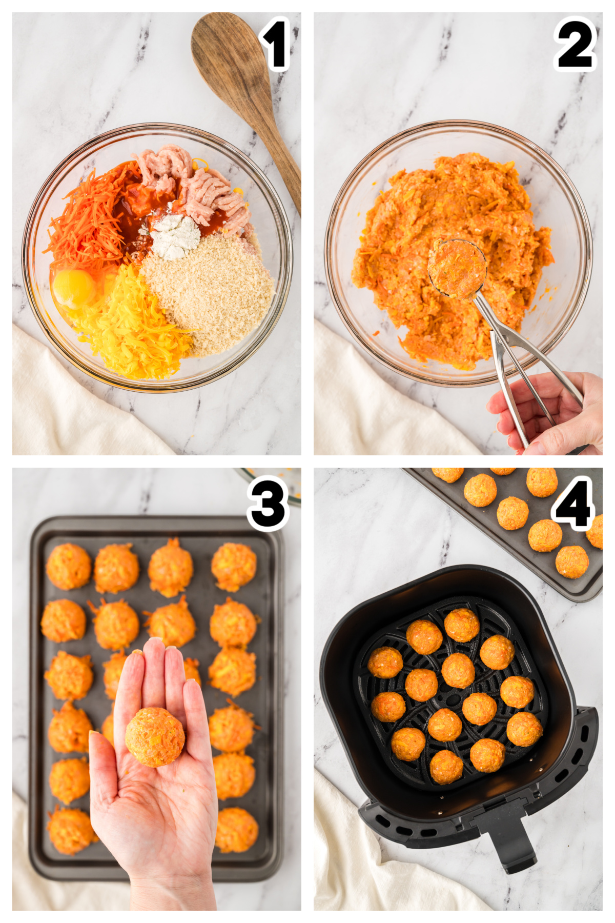 Collage of the steps of making Buffalo chicken meatballs.