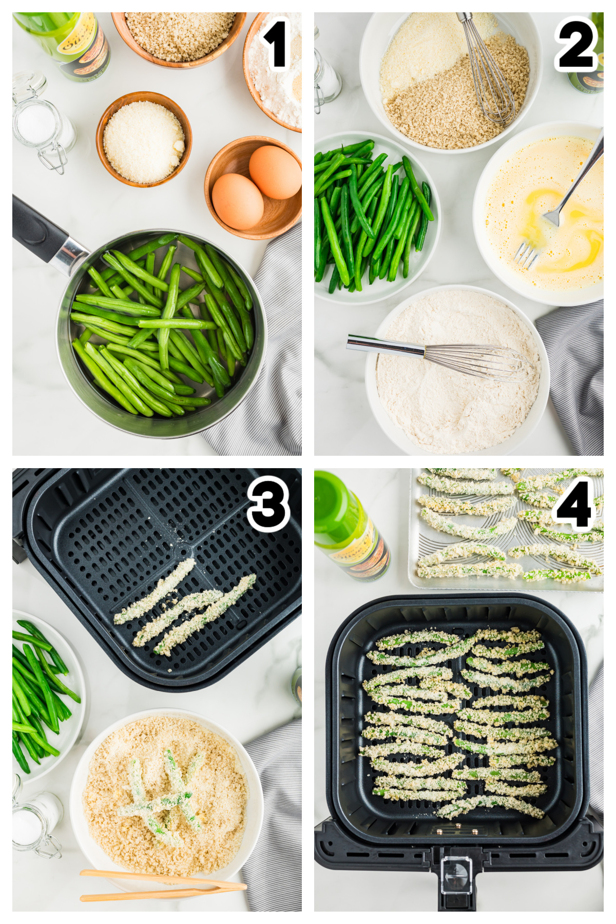 Collage of the steps to cook green bean fries.