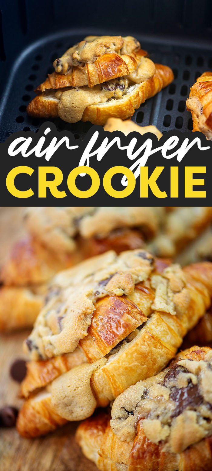 These Air Fryer Crookies, or croissant cookies, feature buttery croissants stuffed and topped with gooey, melty chocolate chip cookie dough! Just two ingredients and 3 minutes in the air fryer. These TikTok viral crookies are a must try! Straight from Paris - try Le Crookie yourself at home!