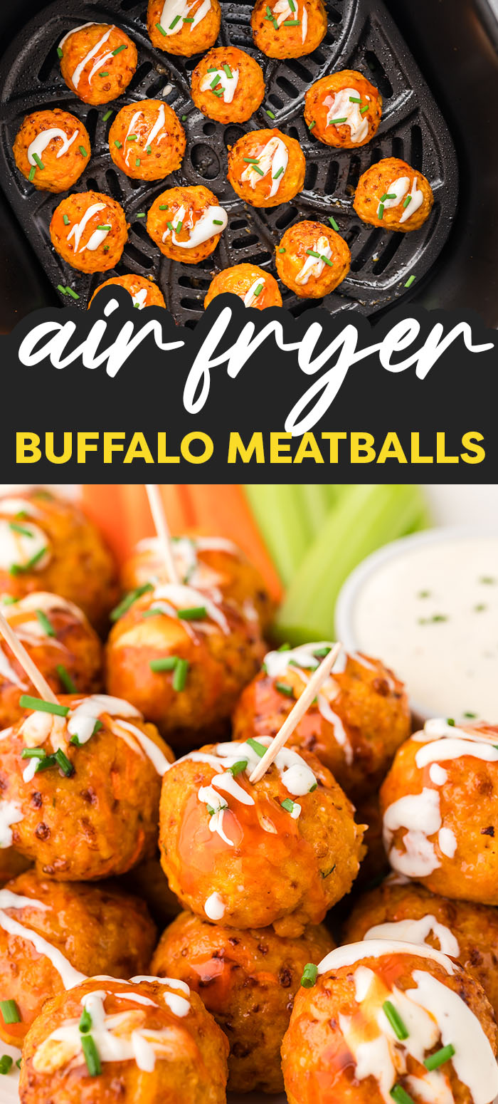 These buffalo chicken meatballs are cooked to a crispy finish in our air fryer.  Topped with a drizzle of ranch or bleu cheese, these little snacks are AMAZING!