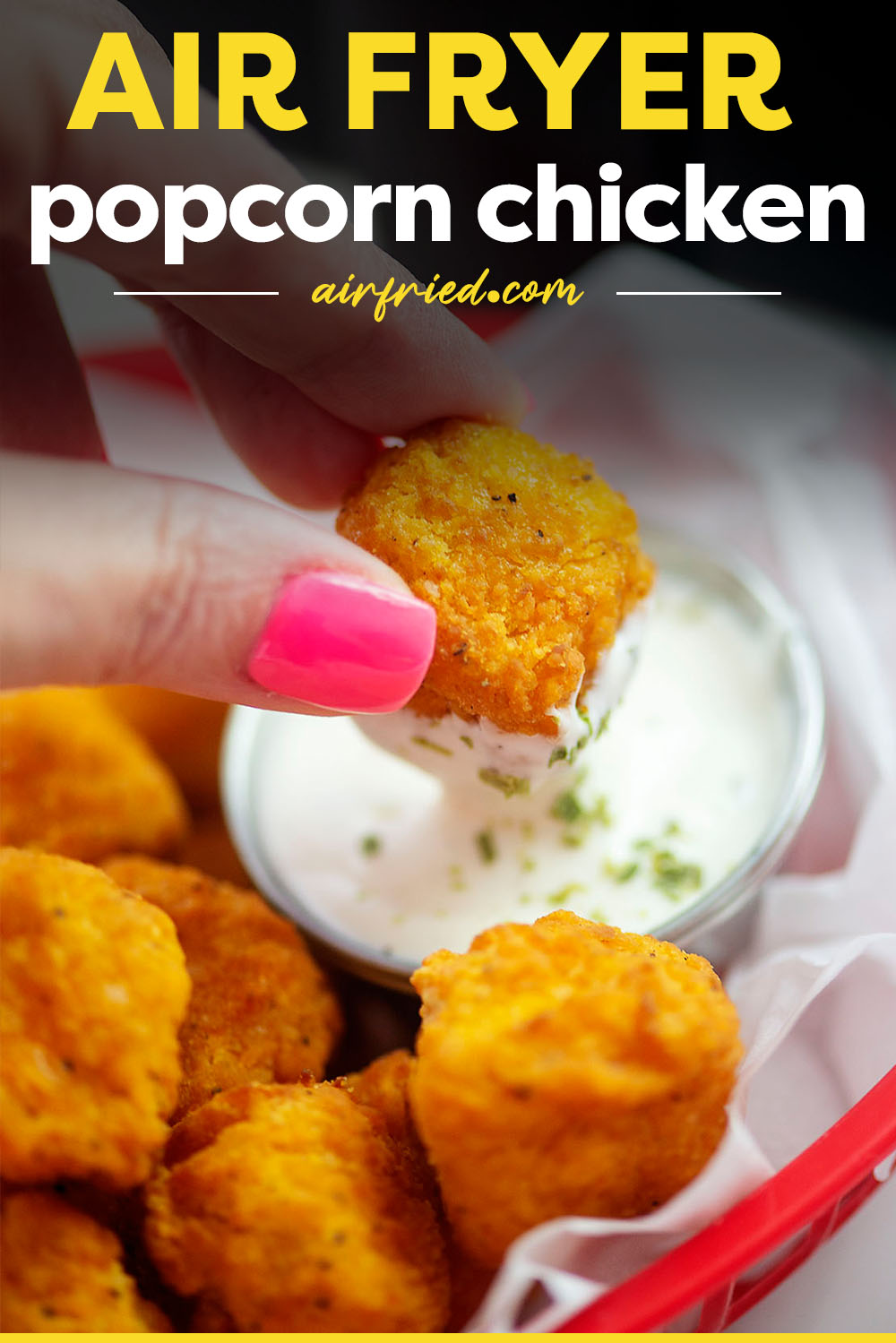 Air Fryer Popcorn Chicken is so easy! You can air fry it right from the freezer and it gets perfectly crispy in just 10 minutes. So much better than baked! Serve this popcorn chicken with your favorite sauce or dressing.