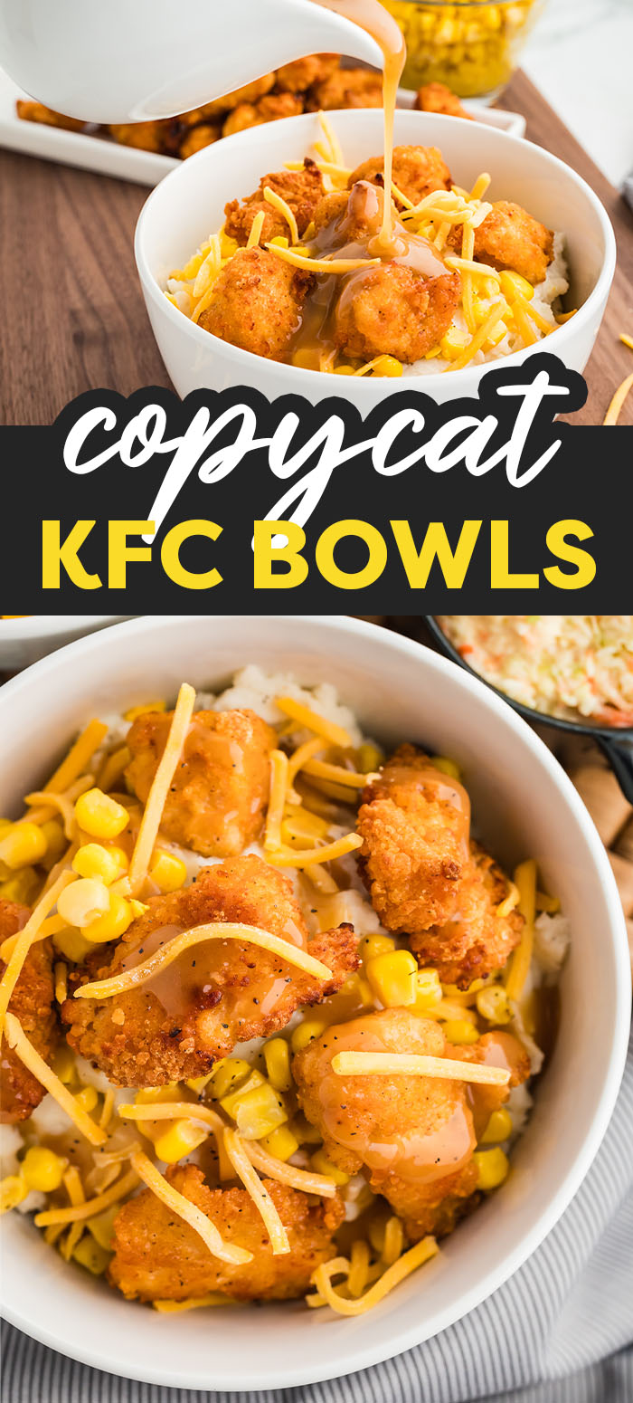 These crispy chicken bites mixed in with potatoes, cheese, and corn are super tasty!  This recipe is a copycat of the famous KFC bowls where we cook our chicken in the air fryer!