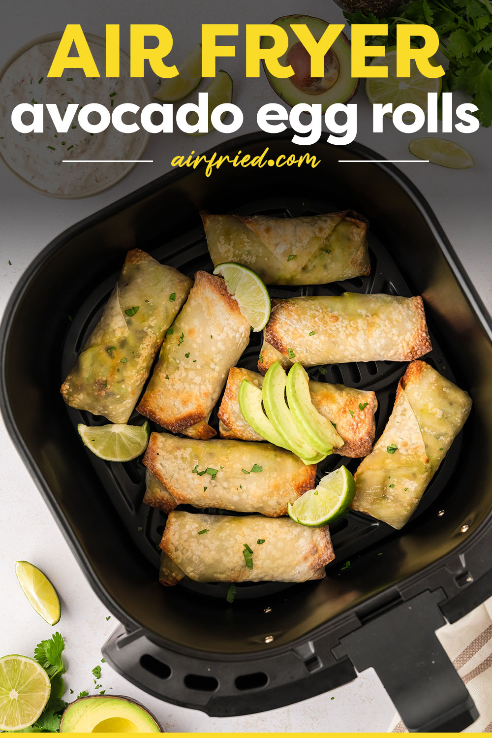 Our crispy on the outside, creamy on the inside Avocado Egg Rolls are made in the air fryer to keep things super simple! These are loaded with fresh avocado, zippy sun-dried tomato, and red onions, all dipped in a homemade chipotle ranch dressing! If you love the egg rolls from the Cheesecake factory, you're going to want to try these!