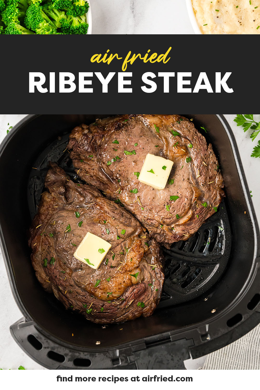 These juicy ribeyes are perfectly cooked throughout in your air fryer!  Keep all the flavor, and cook a steak perfectly with ease!