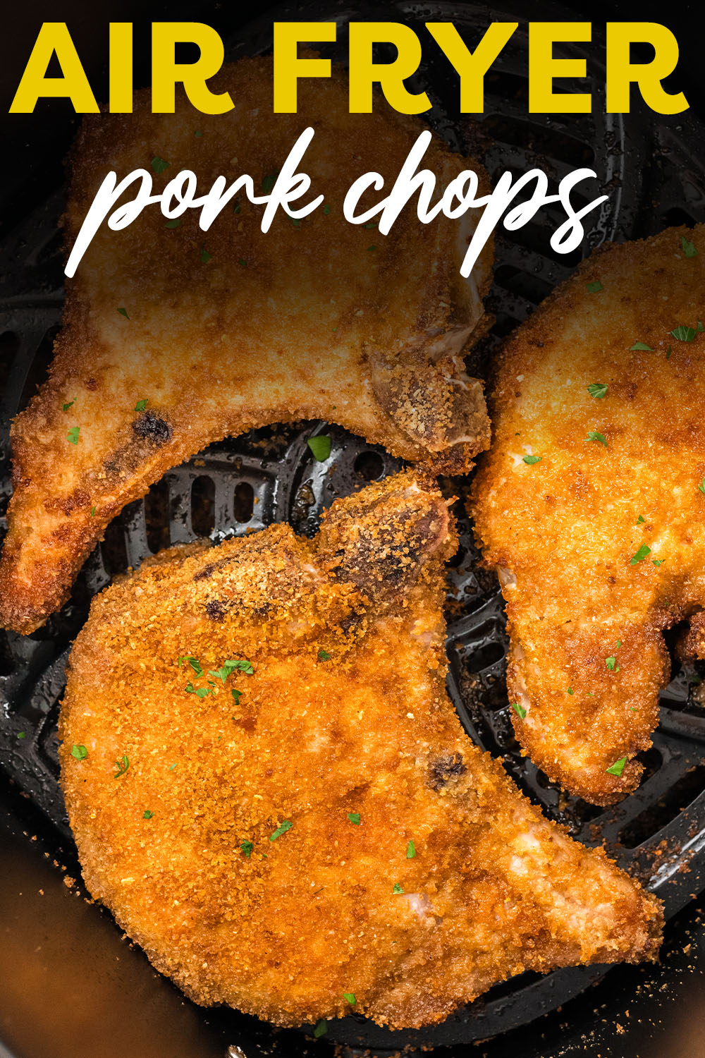 Shake and Bake Pork Chops in the air fryer make perfectly tender, crispy breaded pork chops quickly and efficiently! No need to heat up the oven for these air fryer shake and bake pork chops! 