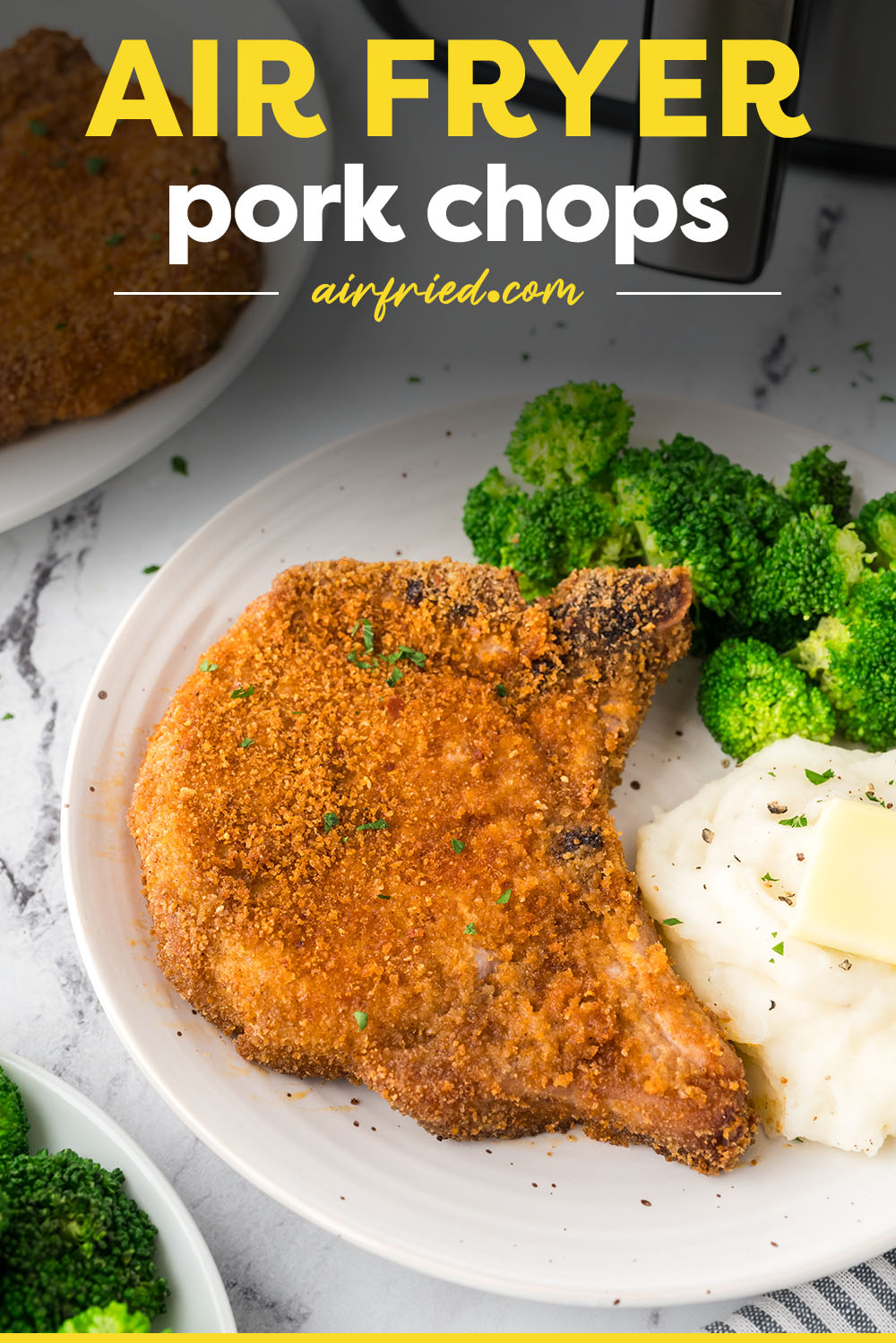 Shake and Bake Pork Chops in the air fryer make perfectly tender, crispy breaded pork chops quickly and efficiently! No need to heat up the oven for these air fryer shake and bake pork chops! 